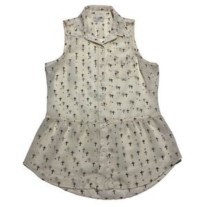 LA Hearts Sheer Peplum Sleeveless Button Up. Ivory with Crosses. Size M